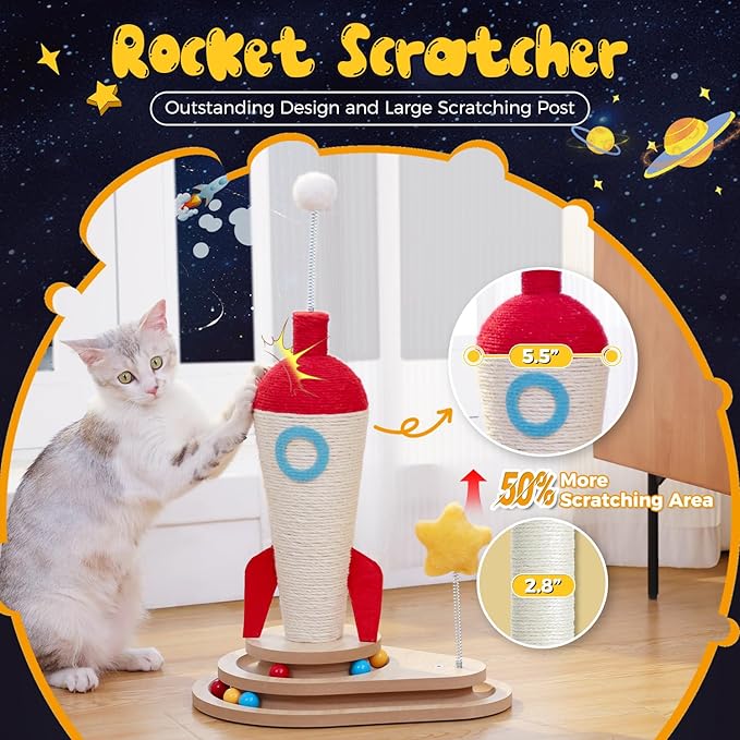 PETEPELA Cat Scratching Post, Rocket Sisal Cat Scratcher, 24.8'' Cute - Image 3