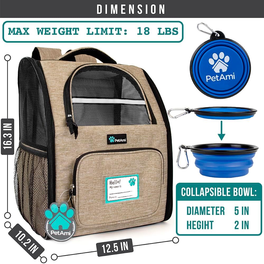 PetAmi Dog Backpack Carrier for Small Large Cat, Pet, Puppy, Ventilated Pet Hiking Backpack Travel Bag, Airline Approved Cat Backpack Carrier, Camping Biking Dog Bag Up to 18lbs Pet, Taupe