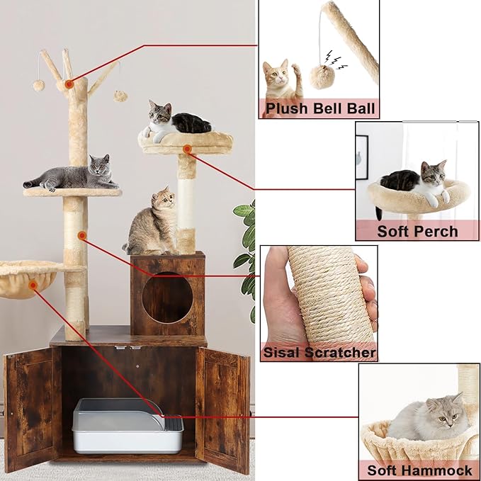 Timberer Cat Tree Tower with Litter Box Enclosure, 2-in-1 Wooden Cat Condo with - Image 5