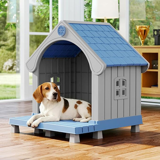 Fancyango Large Dog House with Porch Outdoor Indoor Sturdy Plastic Waterproof by Warmnestforpets