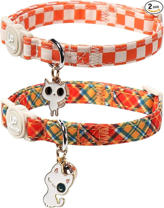 Cat Collar-2Pack Autumn Orange Plaid Kitten Collars-Halloween Plaid Breakaway by UPURARAPUP