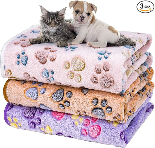 Dono 1 Pack 3 Dog Blankets for Small Dogs, Soft Fluffy Paw Print Pattern Fleece by Dono