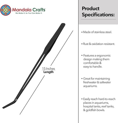 Mandala Crafts 15 Inches Black Stainless Steel Curved Aquarium Tweezers - Image 3