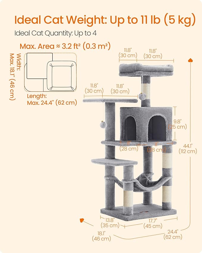Feandrea Cat Tree, 44.1-Inch Cat Tower, Plush Multi-Level Condo - Image 5