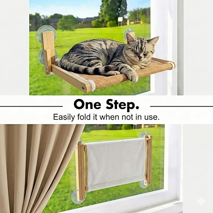 Foldable Cat Window Perch, Natural Wood, 16.5''×12'' Hammock, 35 lbs Weight - Image 3