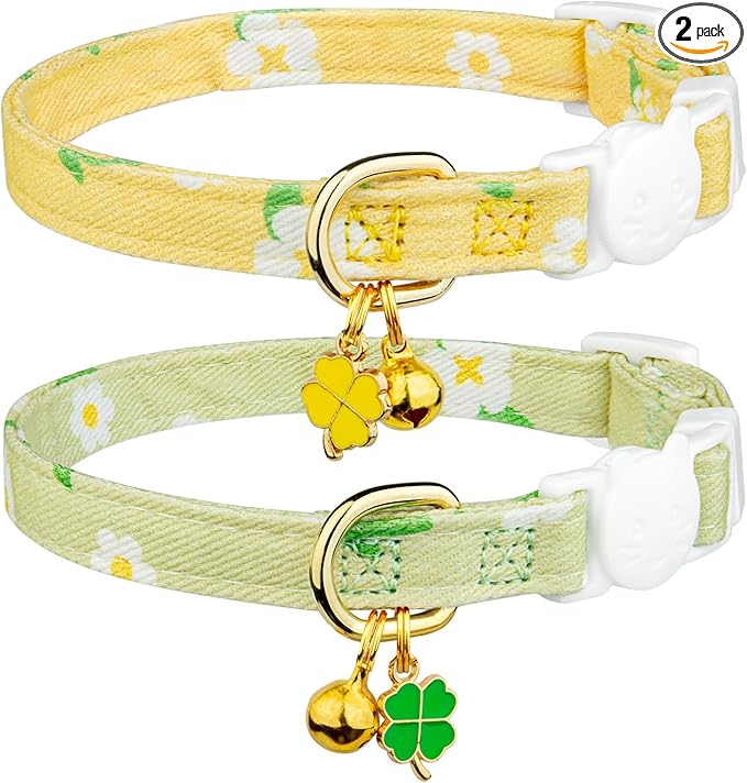 2 Pack Cotton Breakaway Cat Collar Green and Yellow Flowers Pendant Cute Kitten by Fyeqyaou