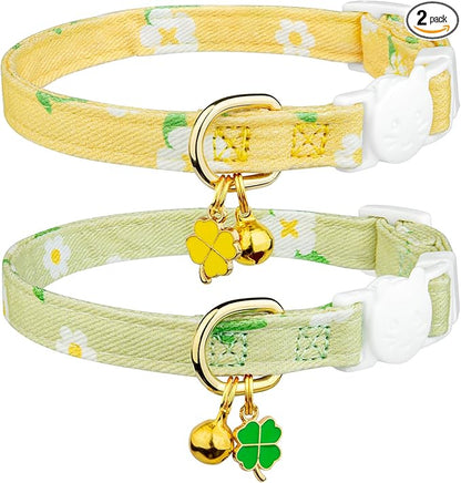 2 Pack Cotton Breakaway Cat Collar Green and Yellow Flowers Pendant Cute Kitten by Fyeqyaou