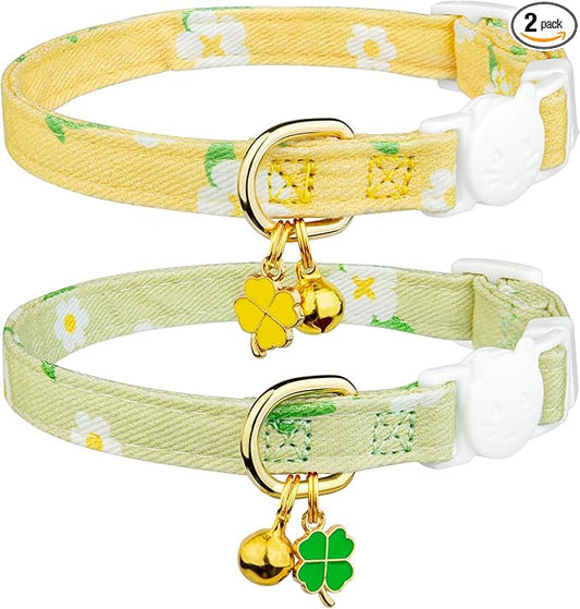 2 Pack Cotton Breakaway Cat Collar Green and Yellow Flowers Pendant Cute Kitten by Fyeqyaou
