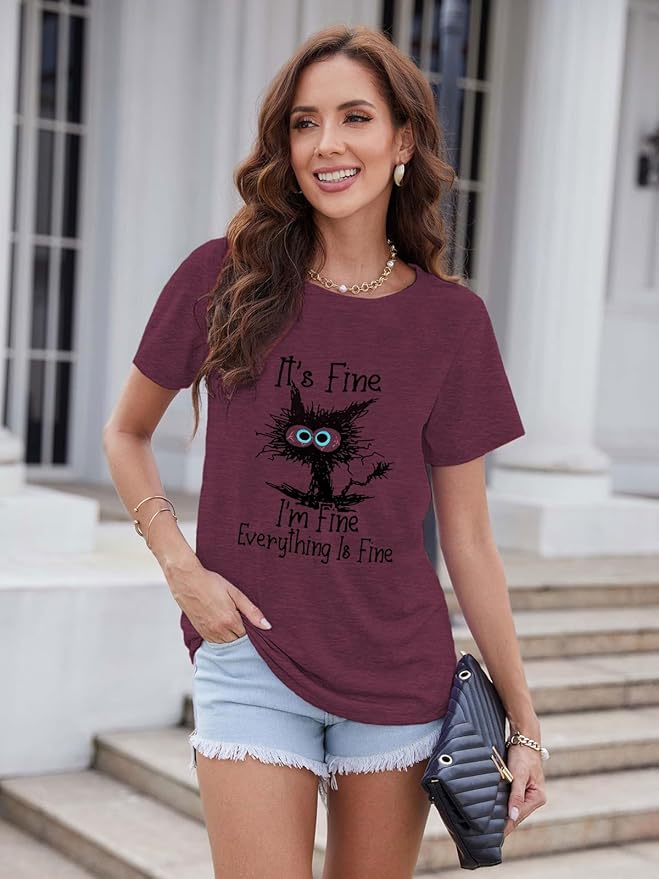 Funny Cat T Shirts for Women Everything is Fine Graphic Tees Casual Short - Image 2