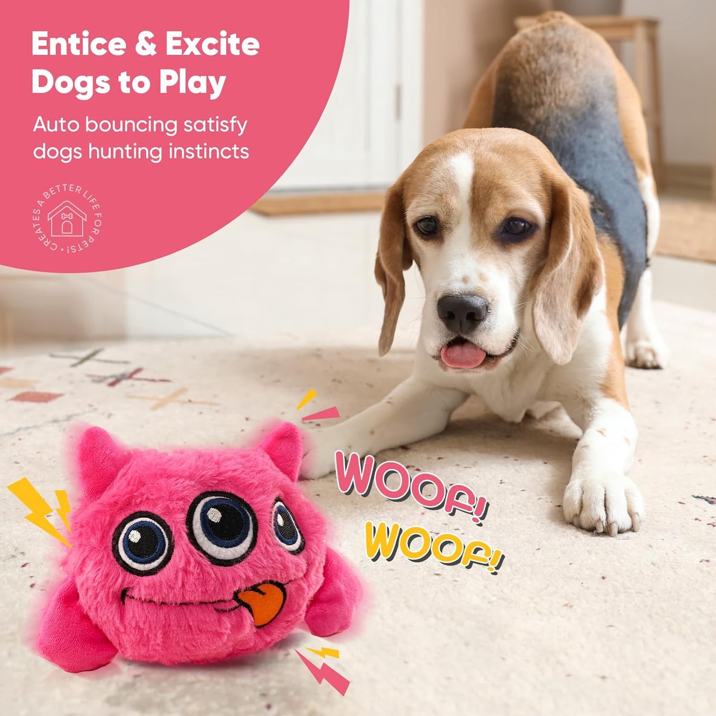 Petbobi Interactive Dog Toys for Boredom - Moving Dog Toy for Stimulating Play, Pet Plush Squeaky Ball for Small Medium Breeds with 4 Batteries, Pink