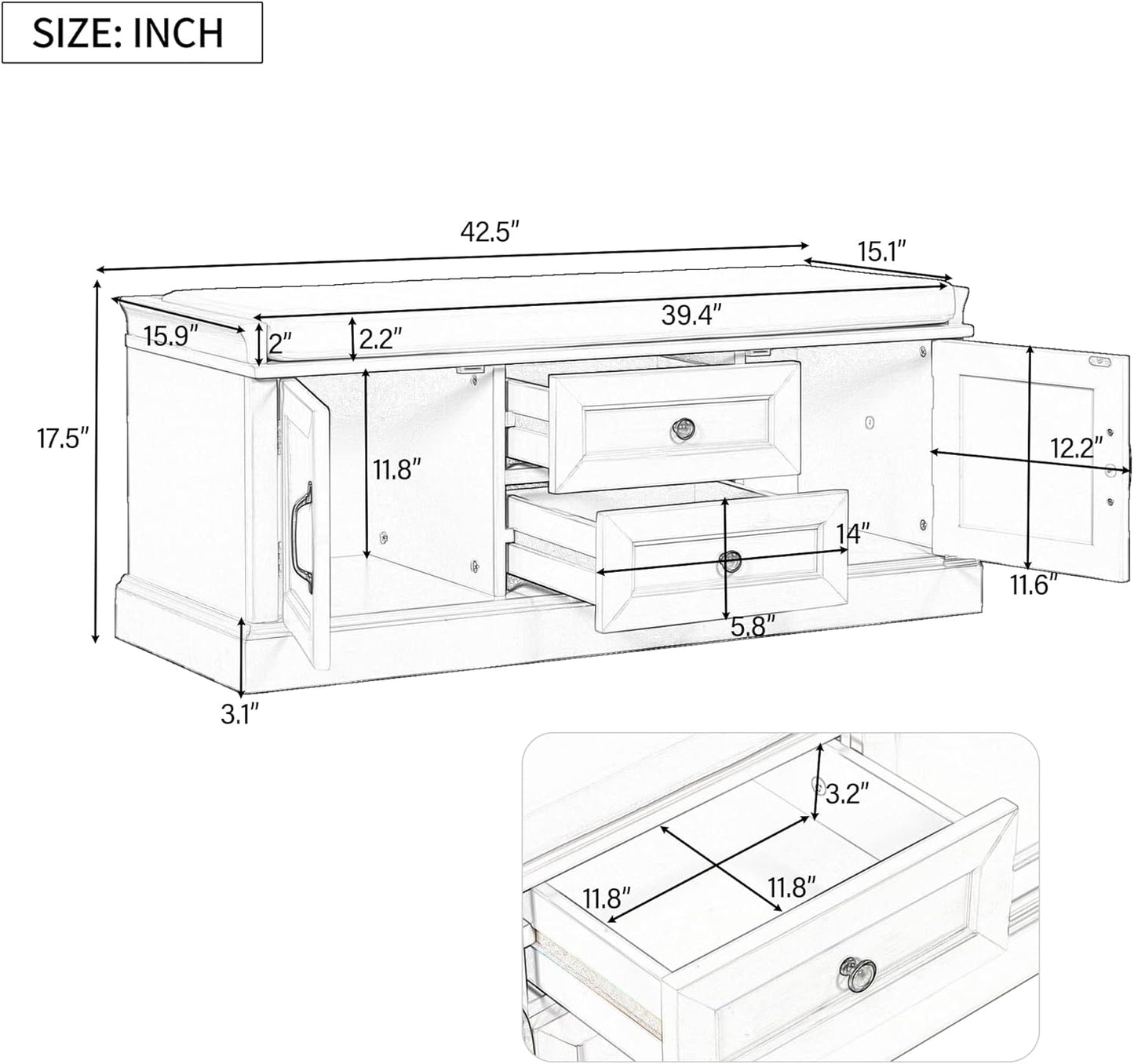 Storage Bench with 2 Drawers and 2 Cabinets, Pine Wood Shoe Bench with Removable Cushion for Living Room, Entryway 42.5" L x 15.9" W x 17.5" H (White)