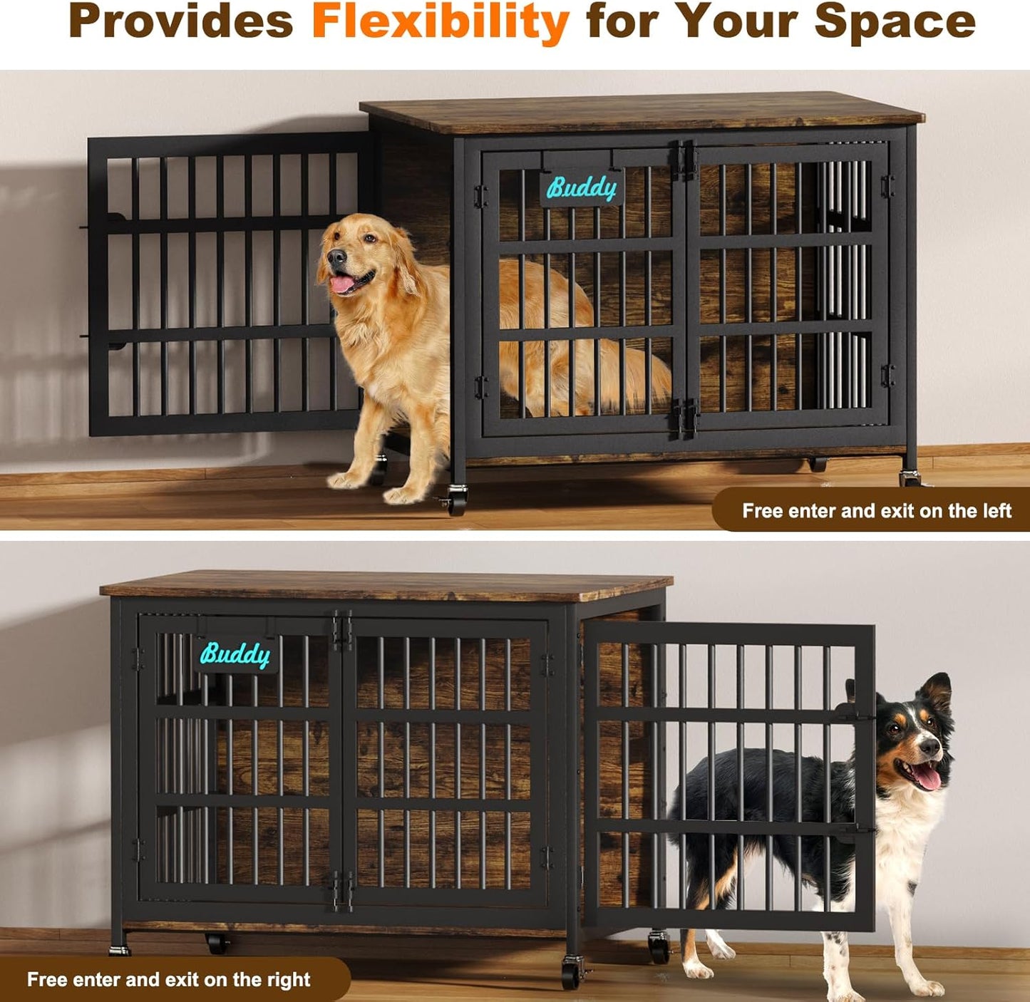EasyCom 42"/41"/33" Dog Crate Furniture with Name Tag, XL Heavy Duty Dog Kennel Indoor for Large and Medium Dogs, Double-Doors Sturdy Dog Cage for Anxiety Dog, Decorate House as TV Stand