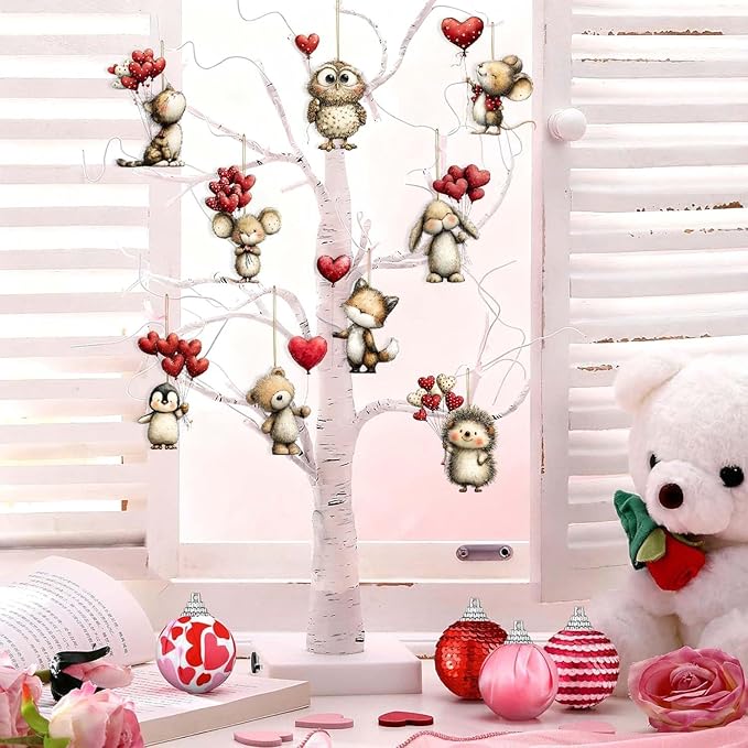 9 Pcs Valentines Day Tree Ornaments Romantic Cute Animal Hedgehog Penguin Take - Image 3