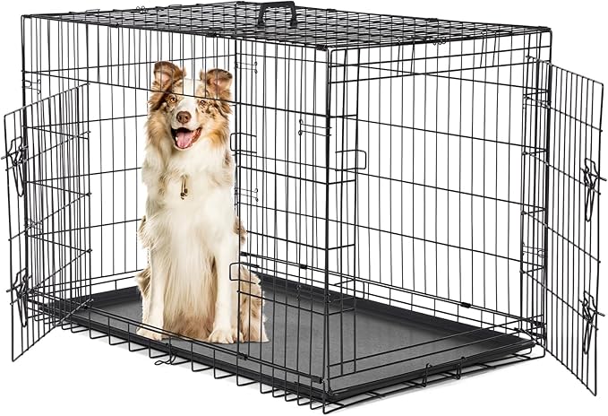 Sweetcrispy 42 Inch Dog Crate, Medium Large Crates Double Door Folding Metal by Sweetcrispy