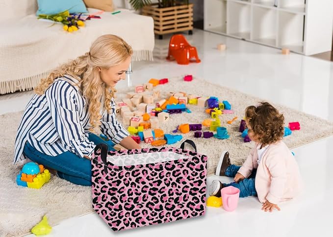 Essme Rectangular Baskets, Leopard Print Box, Cute Storage Bin（Pink leopard - Image 3