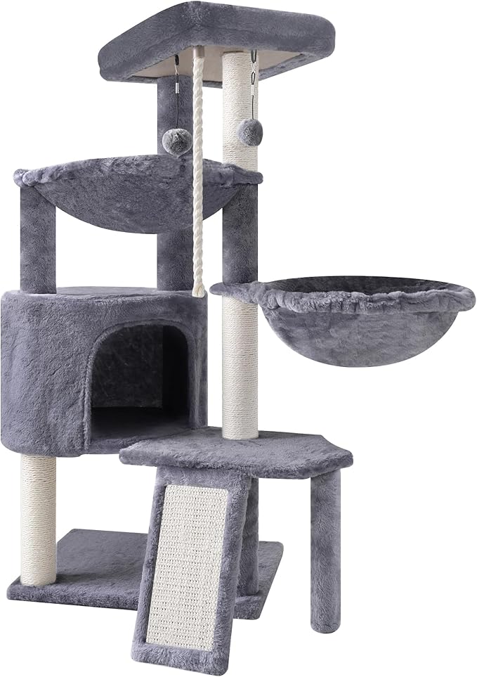 3-Tier Cat Tree with 2 Hammocks & Condo, Rope Ladder, Replaceable Hanging Balls - Image 2