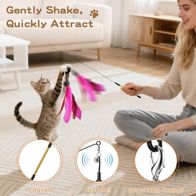 Pawaboo Feather Teaser Cat Toy, Interactive Wands Cats Toy Flying Feathers Cat - Image 4
