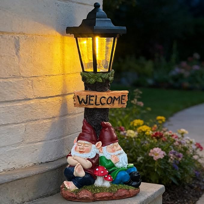 Garden Gnome Statue with Solar Lights, Outdoor Figurine Light by ZYLiWoo