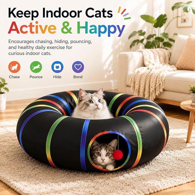 Cat Tunnel Toy with Plush Ball & Cat Wand Feather Toys-Portable Tattaff - Image 3
