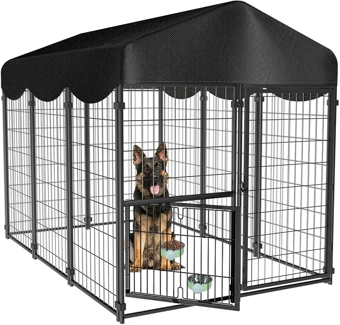 Dog Kennel Outdoor with Roof, 4x4.5x6.2FT Large Heavy Duty Outside Dog Enclosure by LMEBE