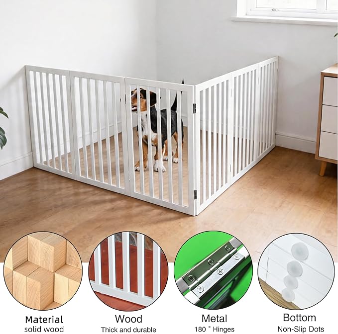 Foldable Indoor Dog Gate for The House Freestanding Stairs Nature Wooden White - Image 5