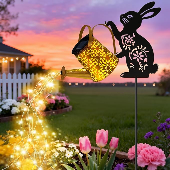 Solar Watering Can Lights, Bunny Hanging Lantern Solar Lights Outdoor, Rabbits by yulloyello