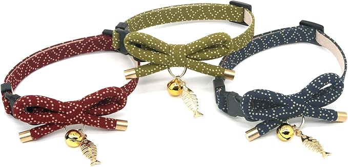 Cute Bowtie Cat Collar with Bell. Japanese Stylish Bowknot & Fish Charm. Safety - Image 3