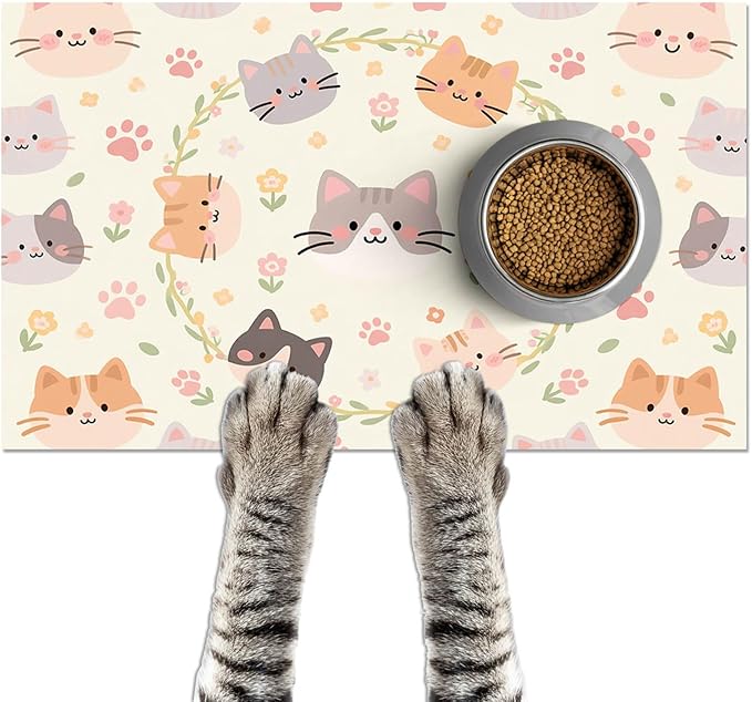 HOMETITUTE Cat Feedings Mats 20x12 inch Beige Cat Print Pet Bowl Placemat Non by HOMETITUTE