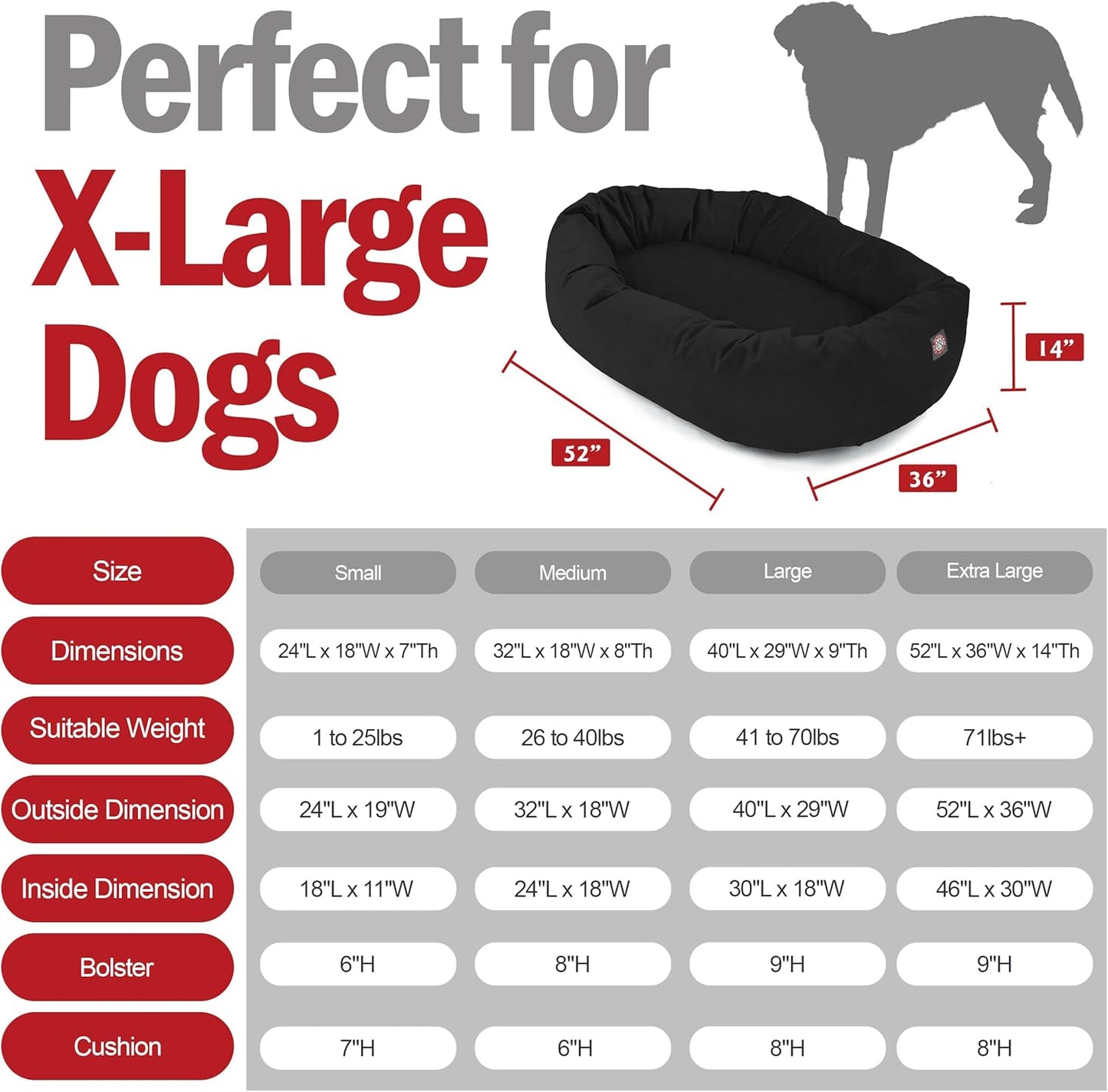 Majestic Pet 52 Inch Suede Shredded Memory Foam Mix Calming Extra Large Dog Bed Washable 52 x 35 x 11 (Inch) - Cozy Soft Round Donut Dog Bed with Spine for Head Support - Pet Bed Black