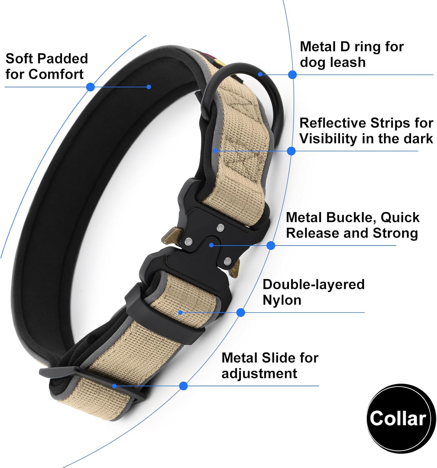 Plutus Pet Tactical Dog Collar, Reflective, Adjustable Heavy Duty Dog Collar, Soft Padded and Comfortable, for Small Medium and Large Dogs (Beige, L)