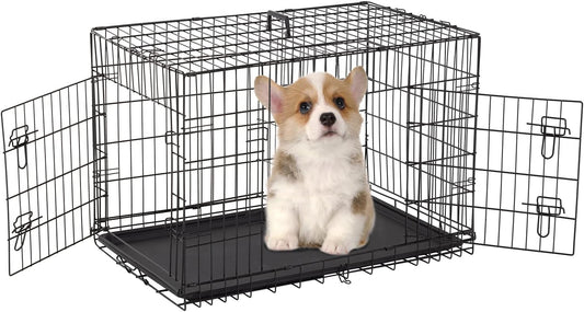 FDW Dog Crate for Medium Dogs 30 Inch Folding Metal WirePet Cage Double Door W/Divider Panel Indoor Outdoor Kennel Leak-Proof Plastic Tray,Black