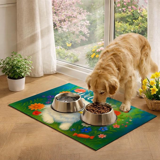 HOMETITUTE Cute Dog Feeding Mat Flower Garden Pattern 20" x 12", Non Slip Cat - Image 4