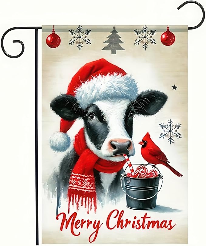 Merry Christmas Garden Flag 12x18 Double Sided Cow Winter Garden Flag by BlissYard