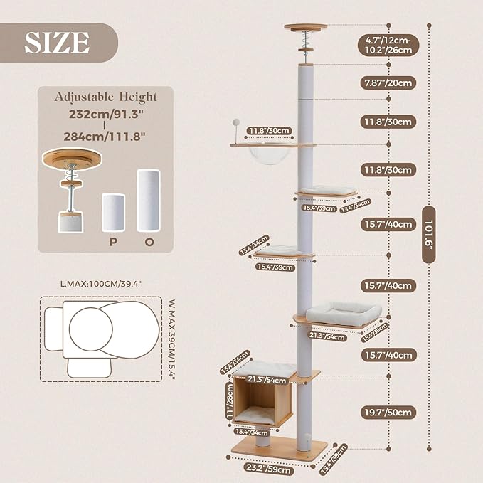 PAWZ Road Floor to Ceiling Cat Tree, 7.6-9.4ft Tall Cat Tower - Image 2