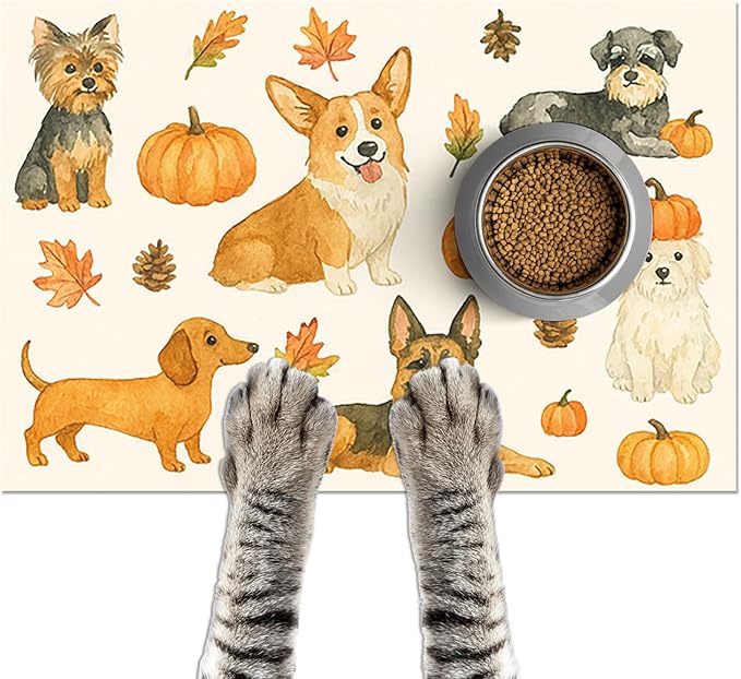 HOMETITUTE Fall Dog Pet Feeding Mat Autumn Pumpkin Design Food Mat by HOMETITUTE