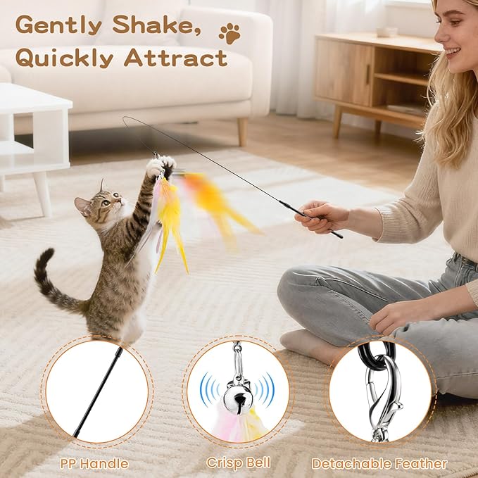 Pawaboo Feather Teaser Cat Toy, Interactive Feather Wands Cats Toy Flying - Image 3