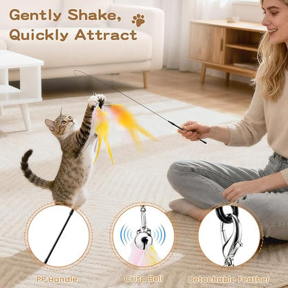Pawaboo Feather Teaser Cat Toy, Interactive Feather Wands Cats Toy Flying - Image 3
