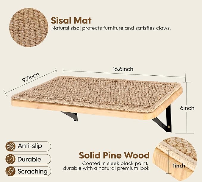 Cat Floating Wall Shelf with Scratching Mat, Support to 30 LBS - Image 6