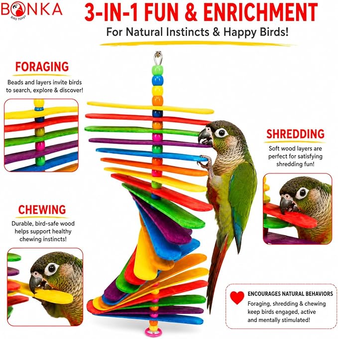 Bonka Bird Toys 867 Big Stick 9.5" Colored Wooden Plastic Spinning Chew Toy - Image 2