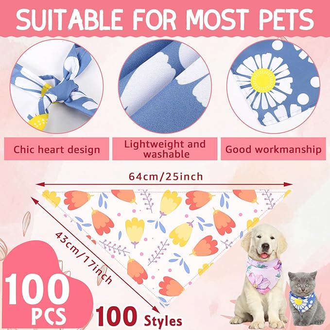 Huhumy 100 Pcs Spring Floral Dog Bandanas Bulk Pet Bibs Colorful Triangle Scarf - Image 2