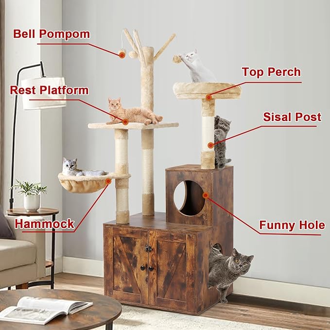 Timberer Cat Tree Tower with Litter Box Enclosure, 2-in-1 Wooden Cat Condo with - Image 2