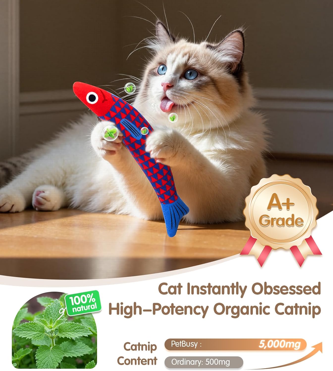 Interactive Cat Toys with [5000mg A+ Natural Catnip &Silvervine] [Baby Grade] Soft Chew Kicker Cat Toys for Indoor Cats & Kittens, Crinkle &Bell Fish Sound Toy, Drives Bored Cats Crazy with Fun,2 Pack