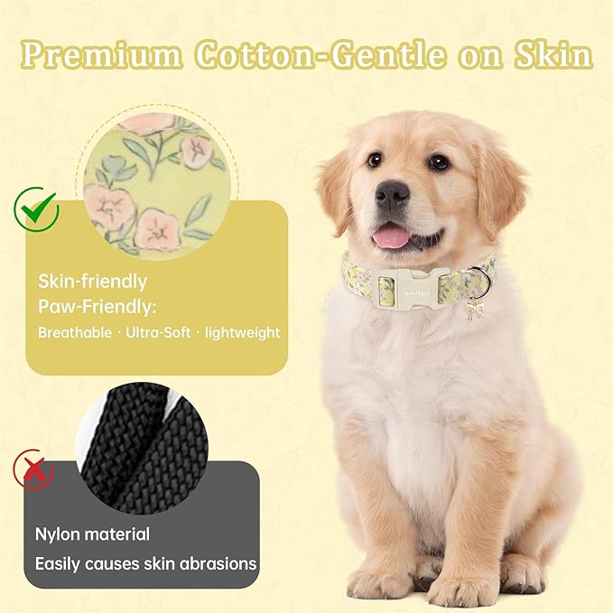 Spring Summer Dog Collar with Pink White Flowers, Adjustable Cotton Puppy - Image 3