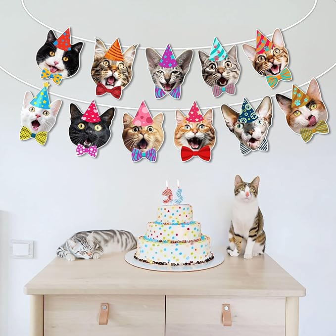 Cats Face Birthday Banner — Photographic Cat Faces Garland, Funny Cat Themed - Image 6