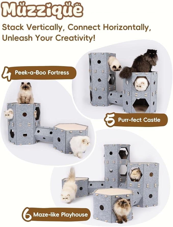 Cat Tunnel House for Indoor Cats, w/Hair Brush, DIY Expandable Modular Felt Pet - Image 3