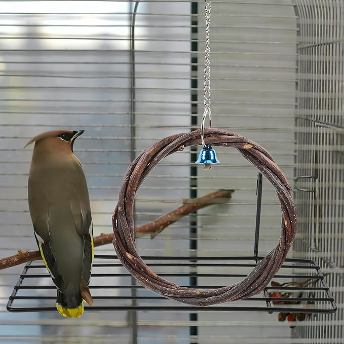 Wood Bird Swing 2pcs with Bell and Woven Ring Natural Wood Hanging - Image 6