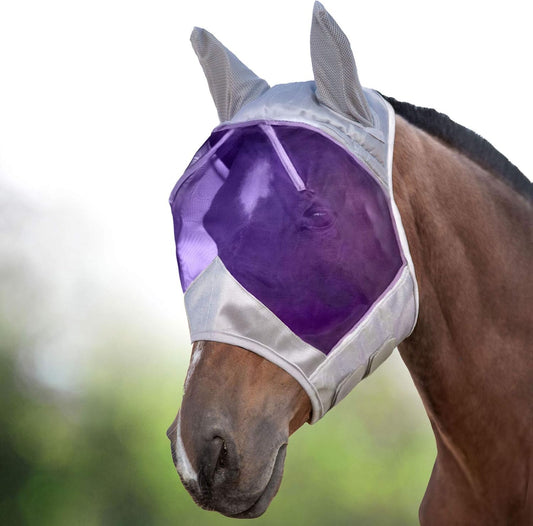 Harrison Howard CareMaster Horse Fly Mask Half Face with Ears Silver/Purple Retro Medium Cob