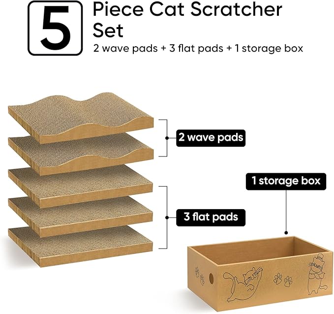 5 Packs Cat Scratcher Set with Storage Box, 2 Wave Lounge Pads + 3 Flat - Image 2