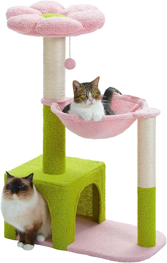 MUTTROS Flower Cat Tree with Large Metal Frame Hammock, Cat Condo with Pink Top by MUTTROS