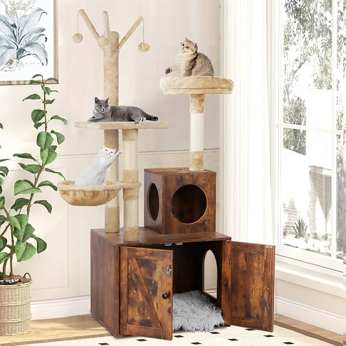 Timberer Cat Tree Tower with Litter Box Enclosure, 2-in-1 Wooden Cat Condo with - Image 7